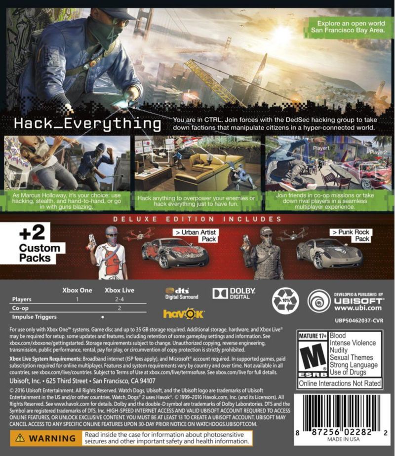 Videojuego Ubisoft Watch Dogs 2 Deluxe para Xbox One