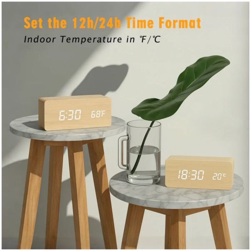 Reloj Despertador Digital Led Con 3 Alarma Y Termómetro, Color Madera