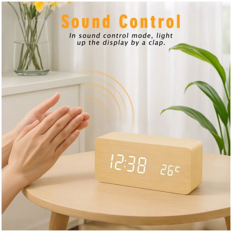 Reloj Despertador Digital Led Con 3 Alarma Y Termómetro, Color Madera