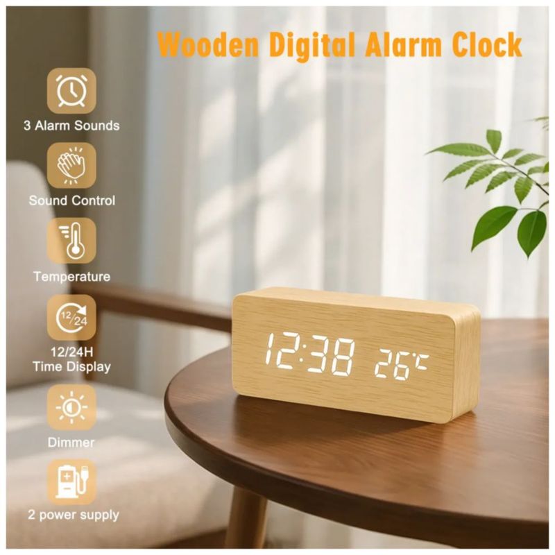 Reloj Despertador Digital Led Con 3 Alarma Y Termómetro, Color Madera