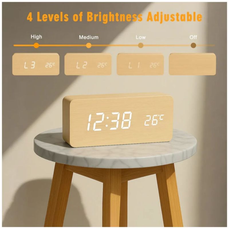 Reloj Despertador Digital Led Con 3 Alarma Y Termómetro, Color Madera