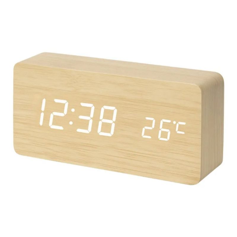 Reloj Despertador Digital Led Con 3 Alarma Y Termómetro, Color Madera