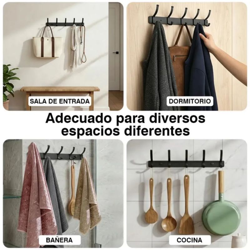 Perchero de 10 Ganchos De Pared Para Ropa, Doble Multiusos Metálicos, Color Negro