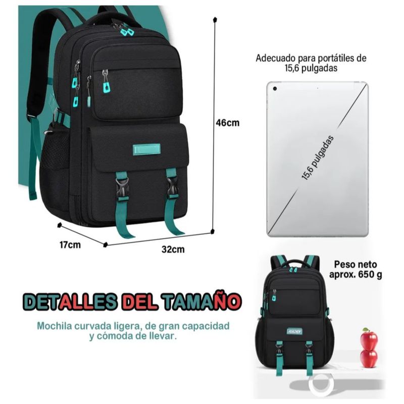 Mochila Para Laptop Mujer Hombre Unisex, Color Negro y Verde
