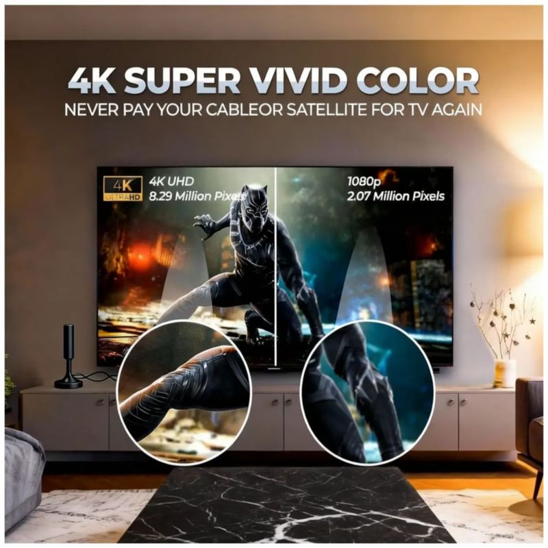 Antena Tv Digital Interior Hd, Color Negro