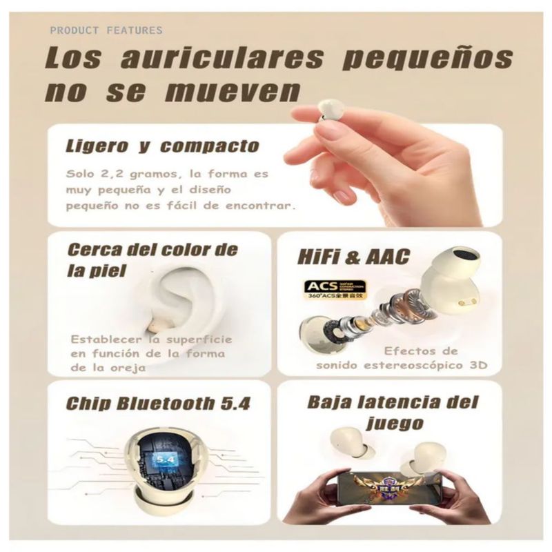Audífonos In-ear Lotfits Inalámbricos Bluetooth 5.3 para Dormir y Correr, Color Beige
