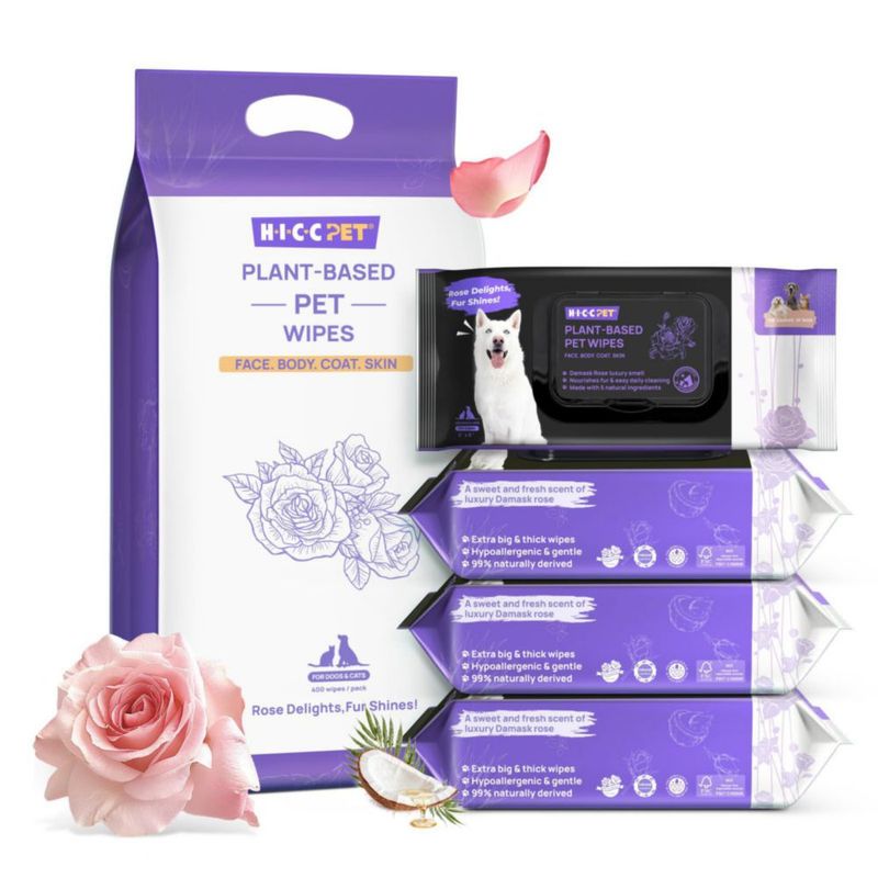 Toallitas para mascotas HICC PET de origen vegetal 400 unidades aroma a rosa