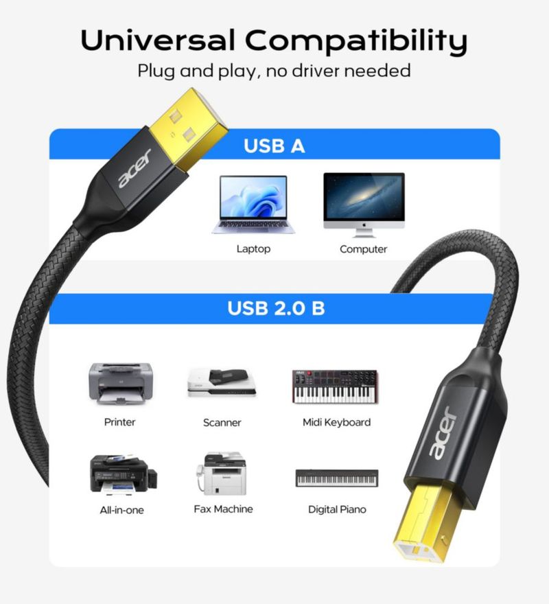 Cable de impresora Acer USB A a B de 15 m (nylon)