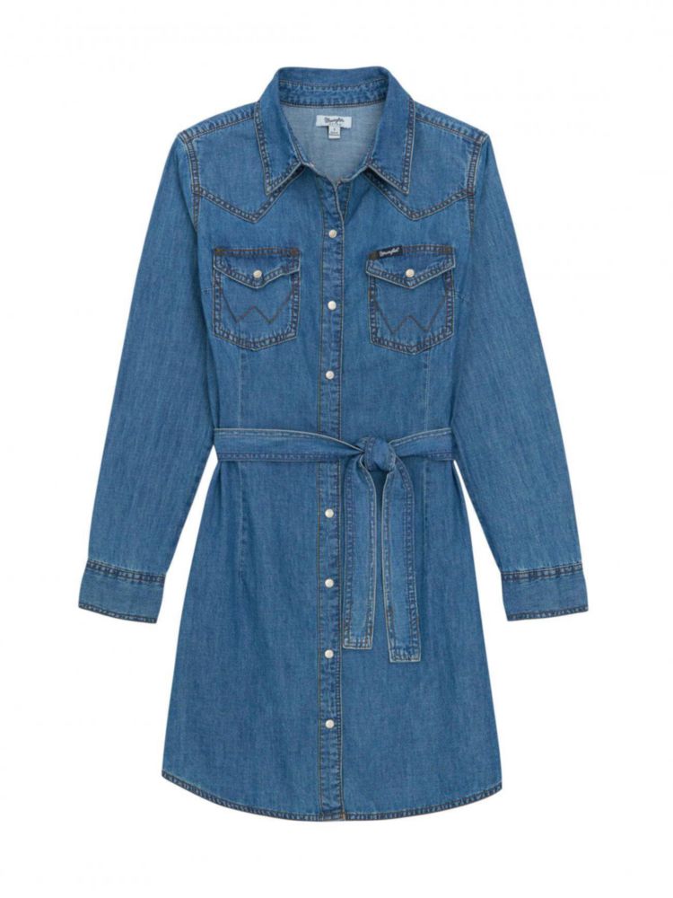 Vestido Wrangler Mujer Retro de Manga Larga en Denim con Botones a Presión
