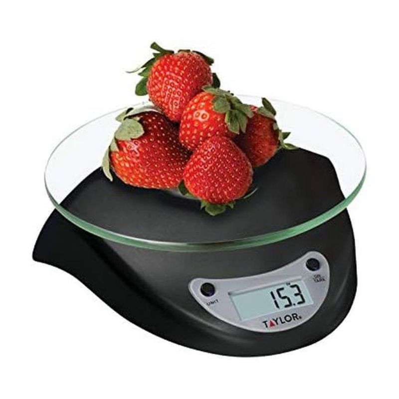 Báscula de cocina Taylor 3 kg negra con botón de tara y plataforma de vidrio