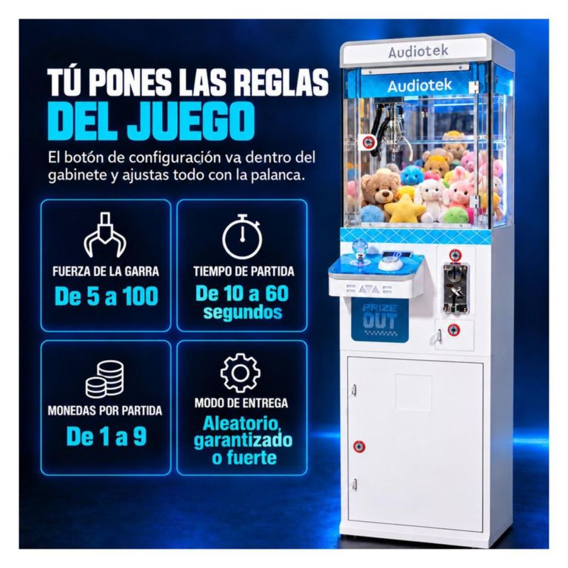 Maquina Caza Peluches Garra Mini Doll Audiotek Luz Sonido Azul Locker Compatimiento