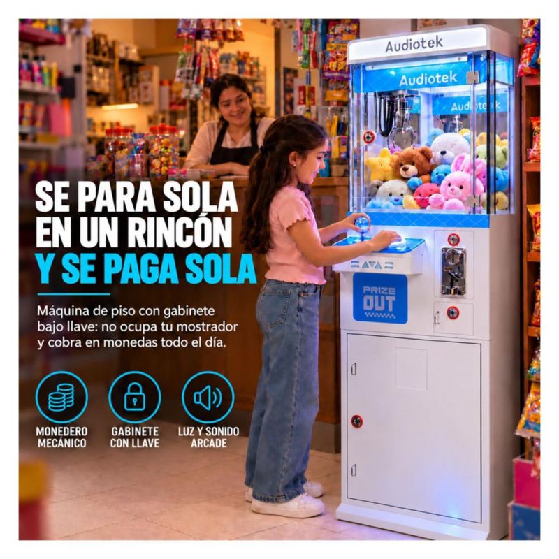 Maquina Caza Peluches Garra Mini Doll Audiotek Luz Sonido Azul Locker Compatimiento