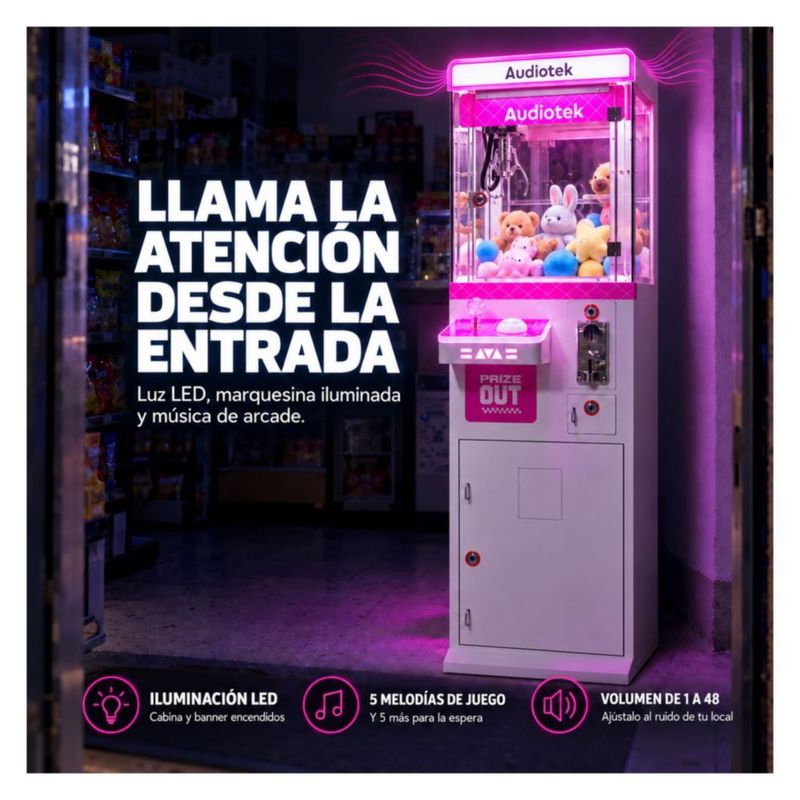 Maquina Caza Peluches Garra Mini Doll Audiotek Luz Sonido Rosa Locker Compatimiento