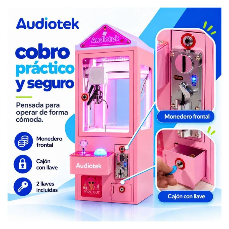 Maquina Caza Peluches Mini Garra Audiotek Casita Rosa Mini Doll Luz Sonido