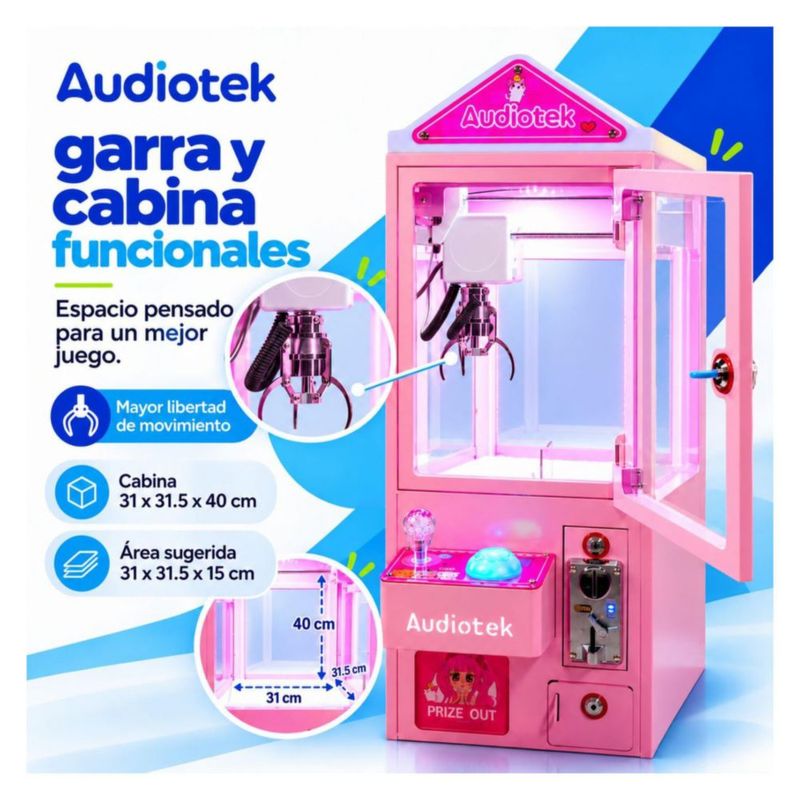 Maquina Caza Peluches Mini Garra Audiotek Casita Rosa Mini Doll Luz Sonido