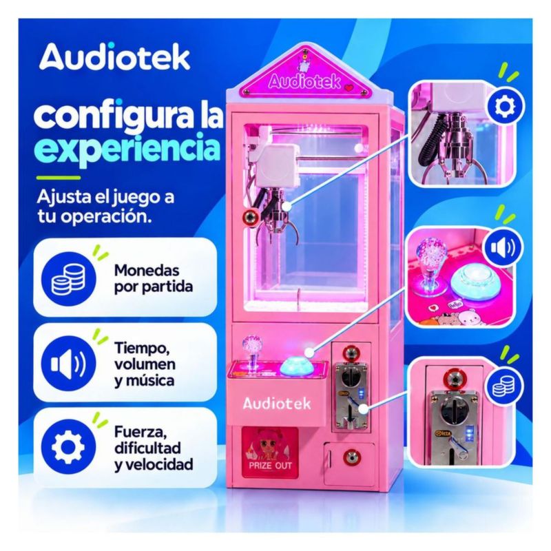 Maquina Caza Peluches Mini Garra Audiotek Casita Rosa Mini Doll Luz Sonido