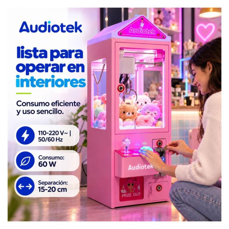 Maquina Caza Peluches Mini Garra Audiotek Casita Rosa Mini Doll Luz Sonido