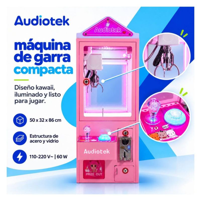 Maquina Caza Peluches Mini Garra Audiotek Casita Rosa Mini Doll Luz Sonido