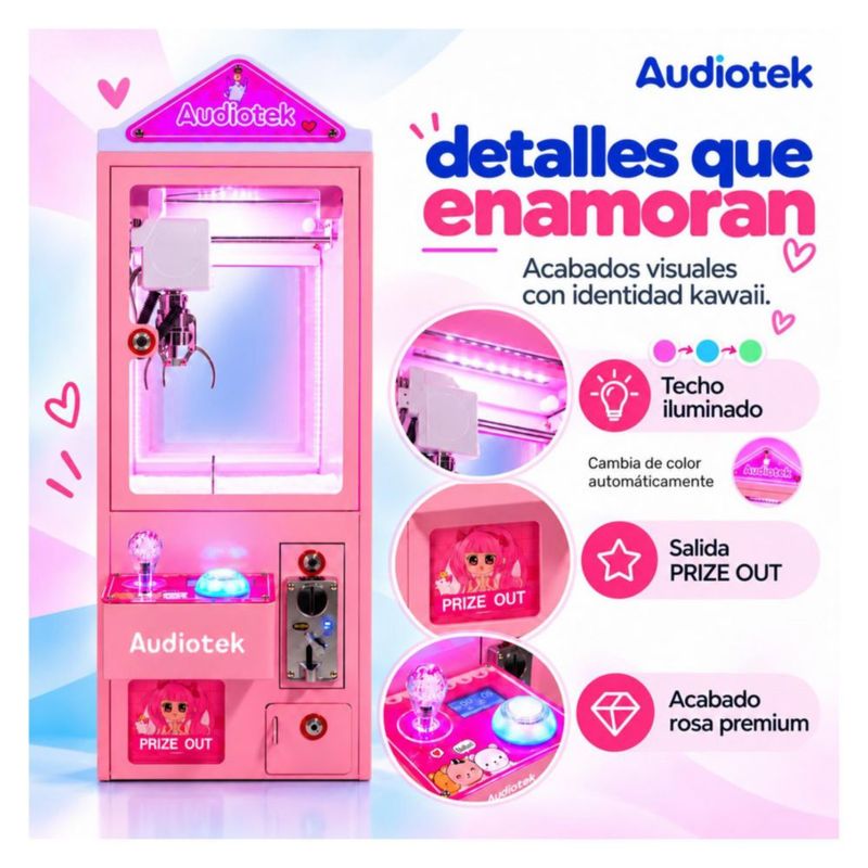 Maquina Caza Peluches Mini Garra Audiotek Casita Rosa Mini Doll Luz Sonido