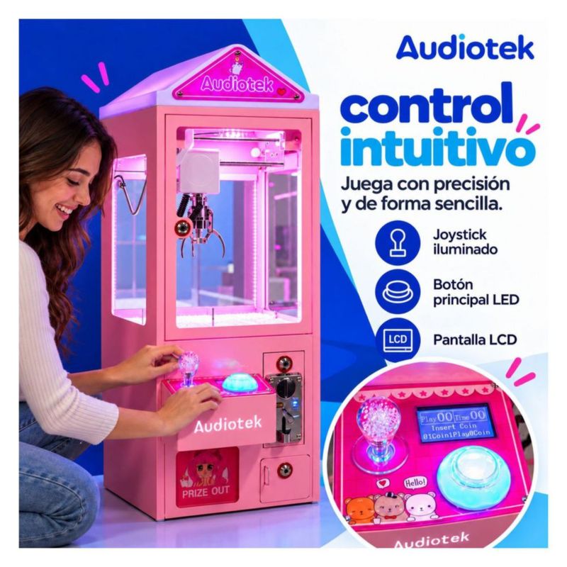 Maquina Caza Peluches Mini Garra Audiotek Casita Rosa Mini Doll Luz Sonido