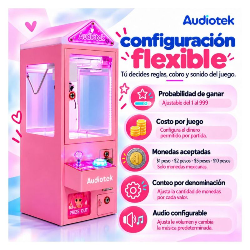 Maquina Caza Peluches Mini Garra Audiotek Casita Rosa Mini Doll Luz Sonido