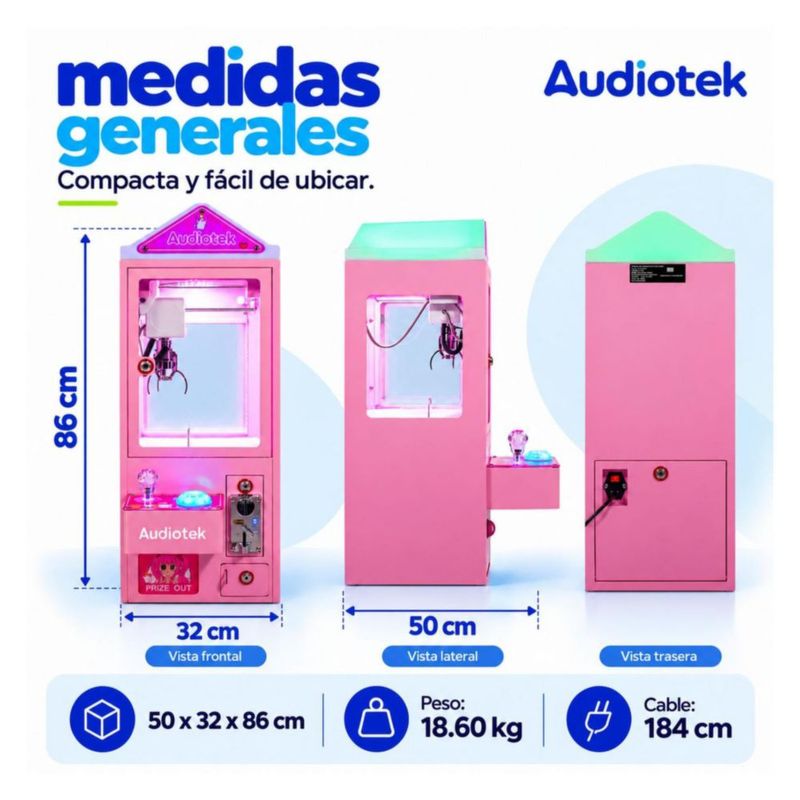 Maquina Caza Peluches Mini Garra Audiotek Casita Rosa Mini Doll Luz Sonido