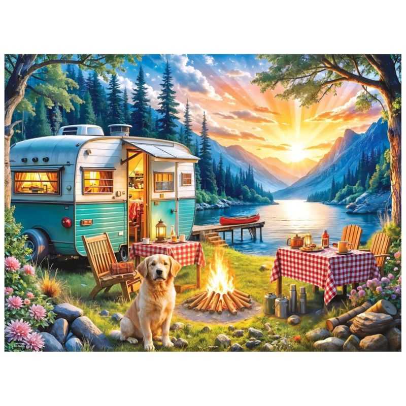 Rompecabezas RoseArt Kodak 350 piezas – Camper al atardecer con Golden Retriever