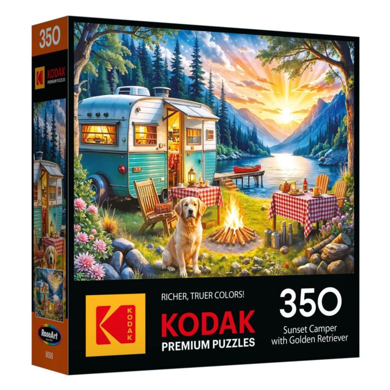 Rompecabezas RoseArt Kodak 350 piezas – Camper al atardecer con Golden Retriever