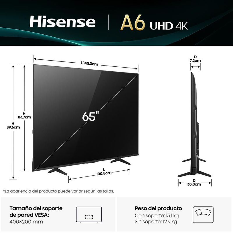Pantalla UHD Hisense 65 Pulgadas 4K Smart 65A65NV