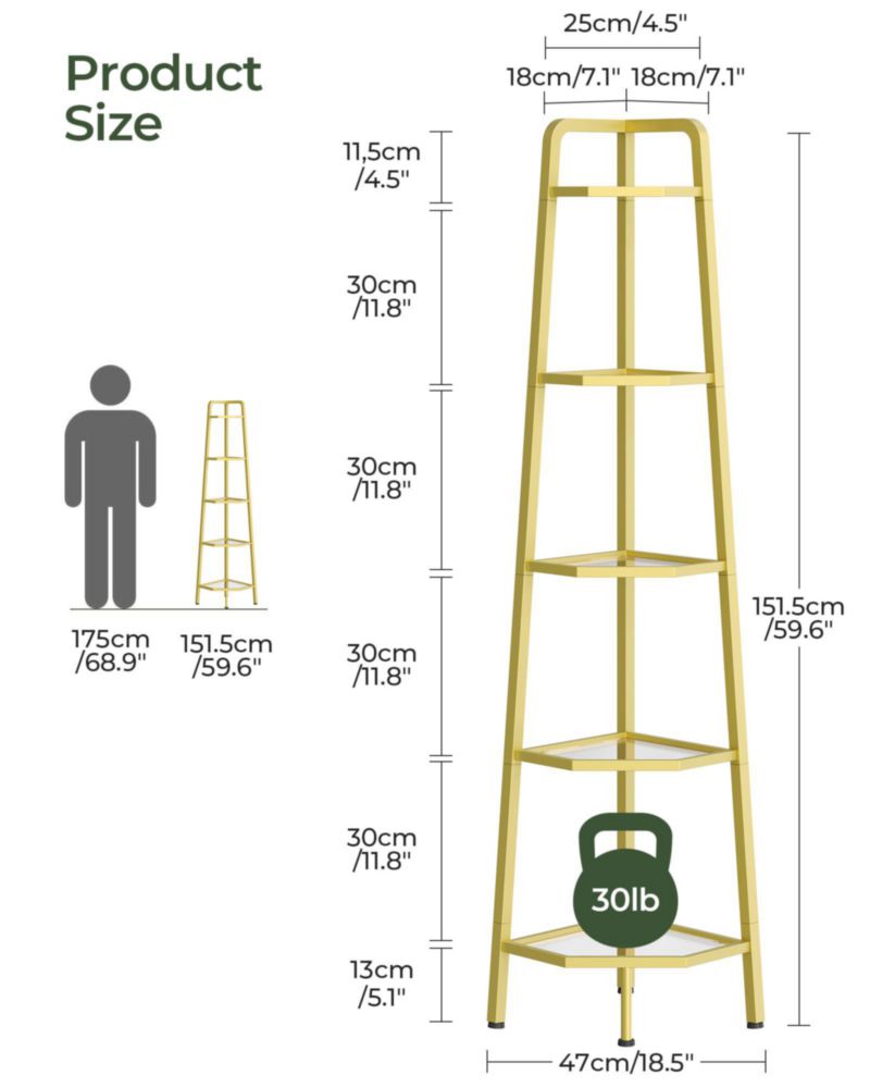 Estantería CHOEZON 150 cm 5 Niveles de Esquina Dorada TCJ21GJ