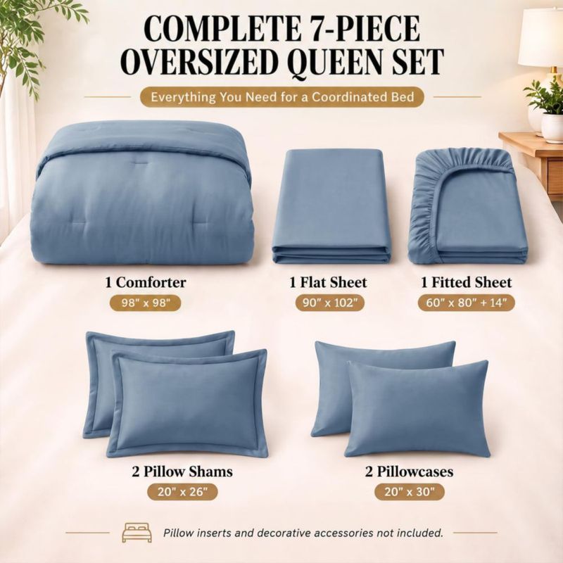 Juego de ropa de cama CozyLux Queen 7 piezas – Azul Polvoriento