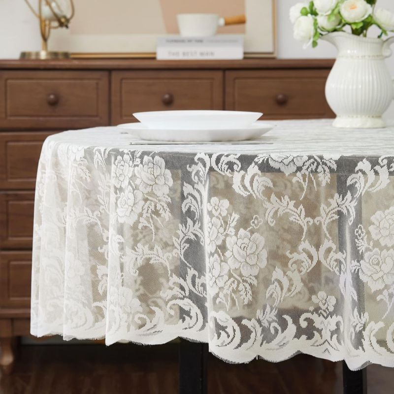 Mantel redondo vintage de encaje LinenZone 91 cm marfil