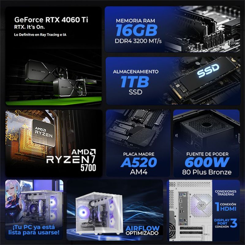 Xtreme pc rtx 4060 ti ryzen 7 16gb 1tb monitor 31.5 white