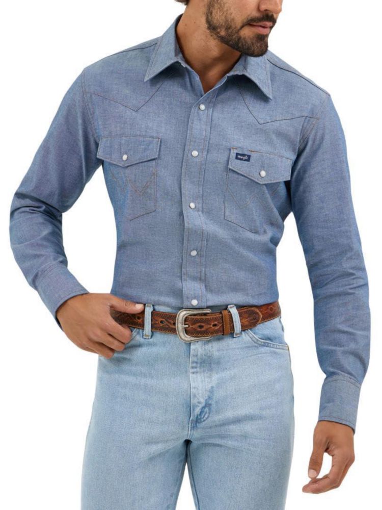 Camisa Wrangler Corte Vaquero Chambray Azul Talla Mediana