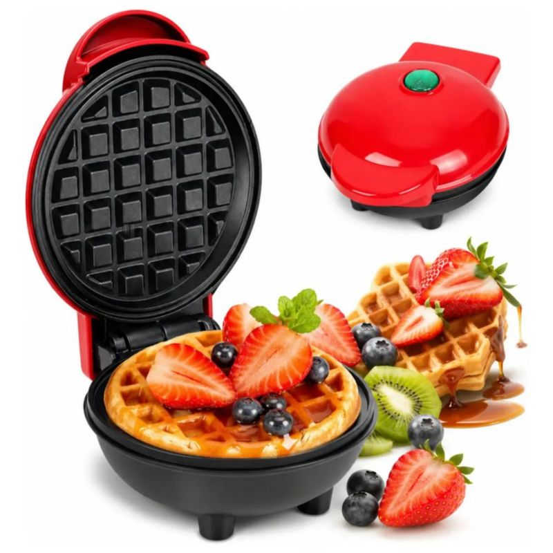 Mini Maquina Waflera Redonda Hacer Desayunos Rojo