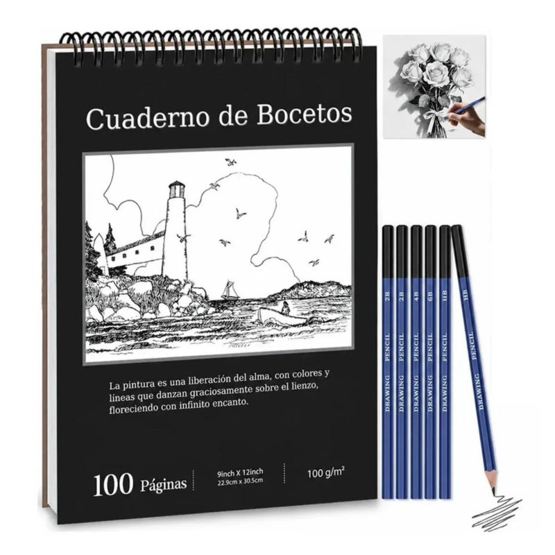 Cuaderno A4+ De Boceto Y Dibujo 200 Páginas Con 6 Lápices, Color Negro