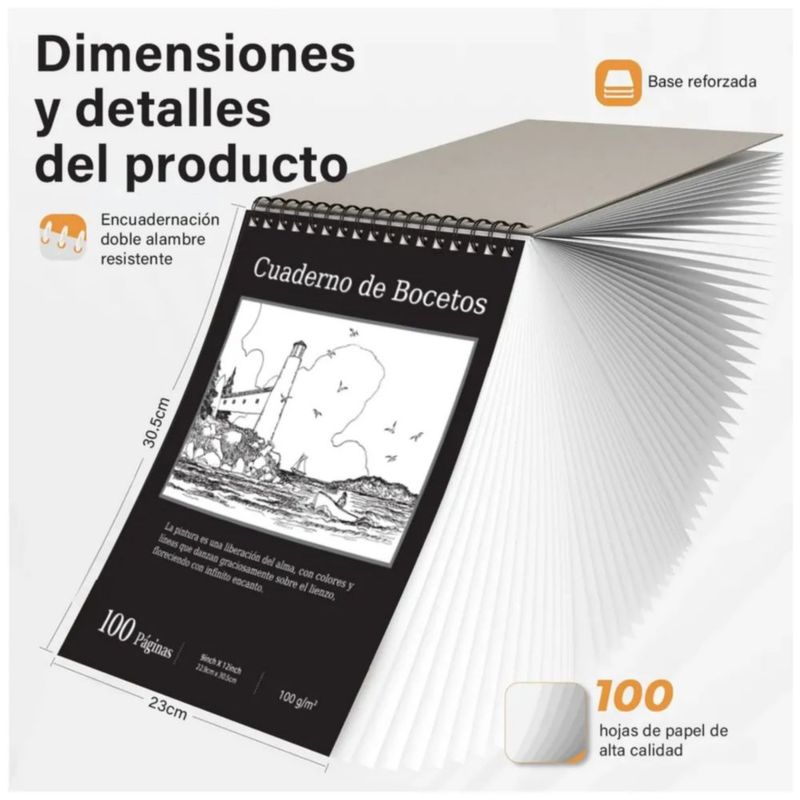 Cuaderno A4+ De Boceto Y Dibujo 200 Páginas Con 6 Lápices, Color Negro