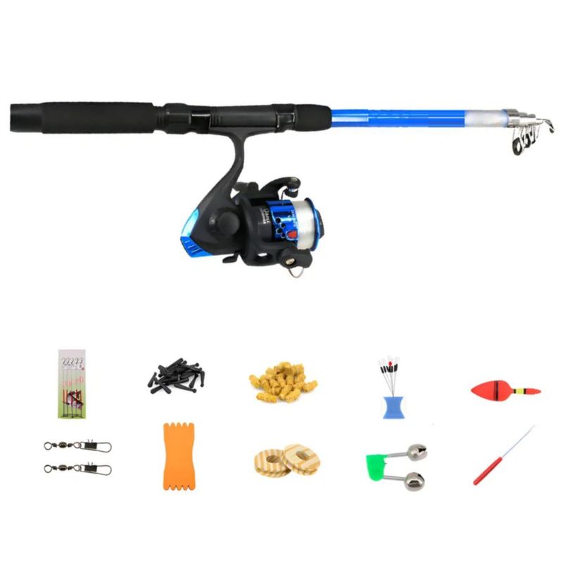 Carrete De Caña De Pescar Combo Kit Completo Pescar Juvenil,  Color Azul