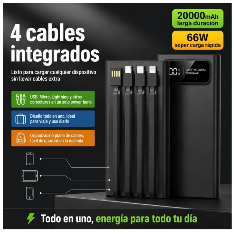 Power Bank 20000mah Batería Portátil Pd 66w Carga Rápida, Color Negro