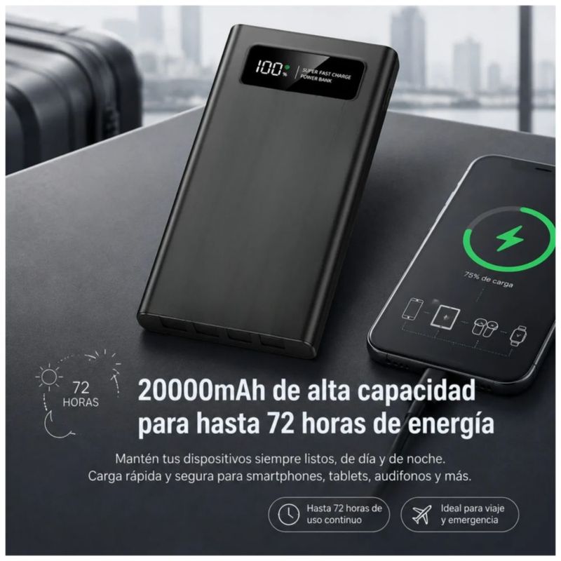 Power Bank 20000mah Batería Portátil Pd 66w Carga Rápida, Color Negro
