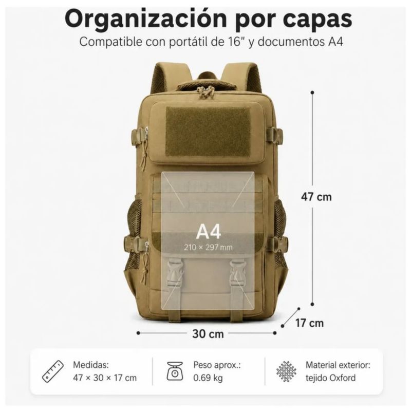 Mochila Táctica Militar Impermeable Para Camping Y Viaje 30l, Color Caqui