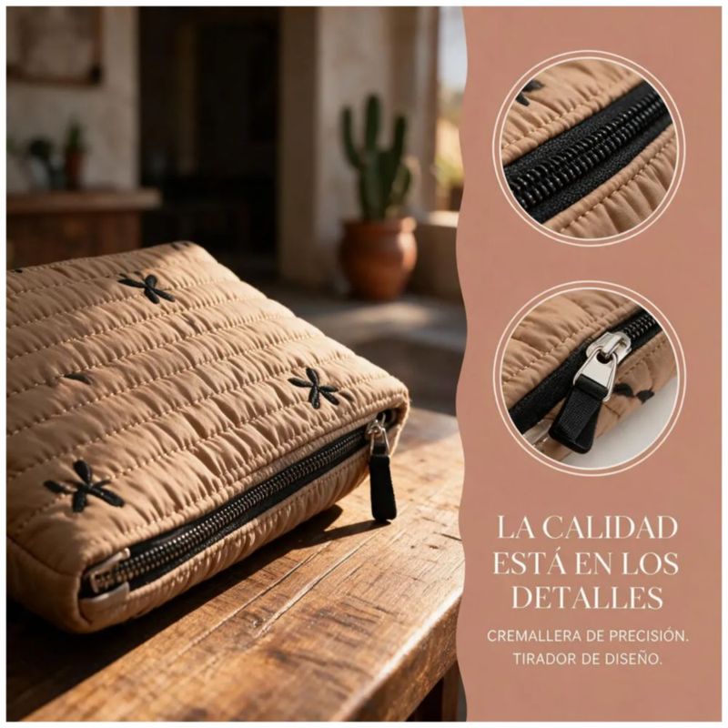 Bolsa De Maquillaje Portátil Caqui Con Diseño Acolchado,  Color Café