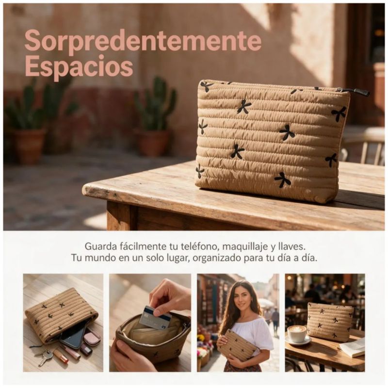 Bolsa De Maquillaje Portátil Caqui Con Diseño Acolchado,  Color Café