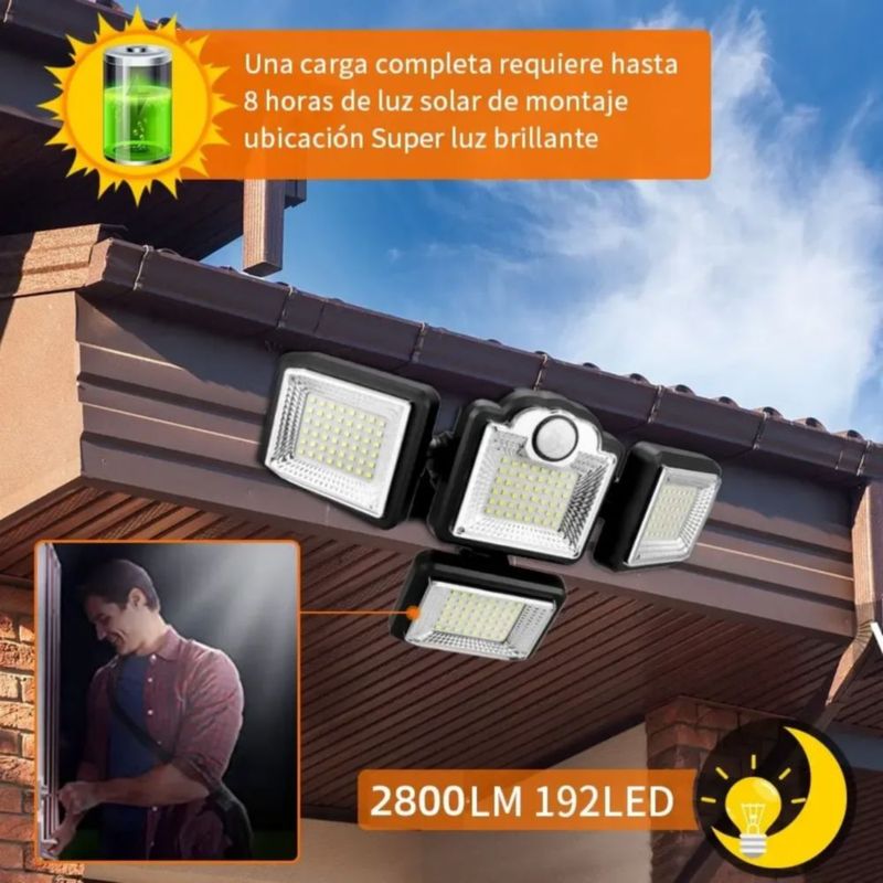 Lampara Solar Exterior Jardín Pared 192 Led Ip65 Negro