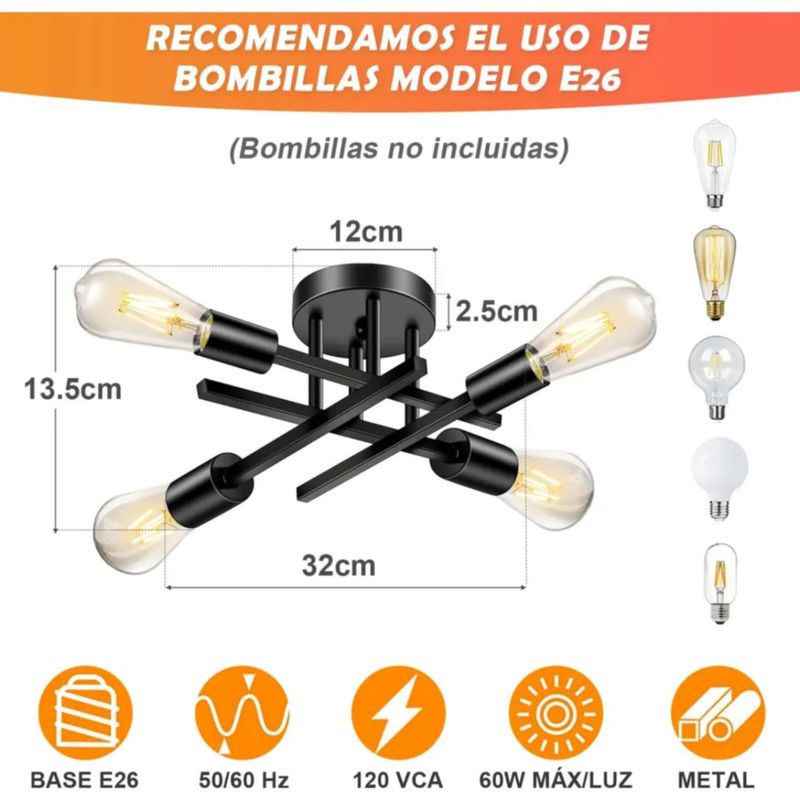 Moderna Lámpara De Techo Negro  De Techo De 4 Luces
