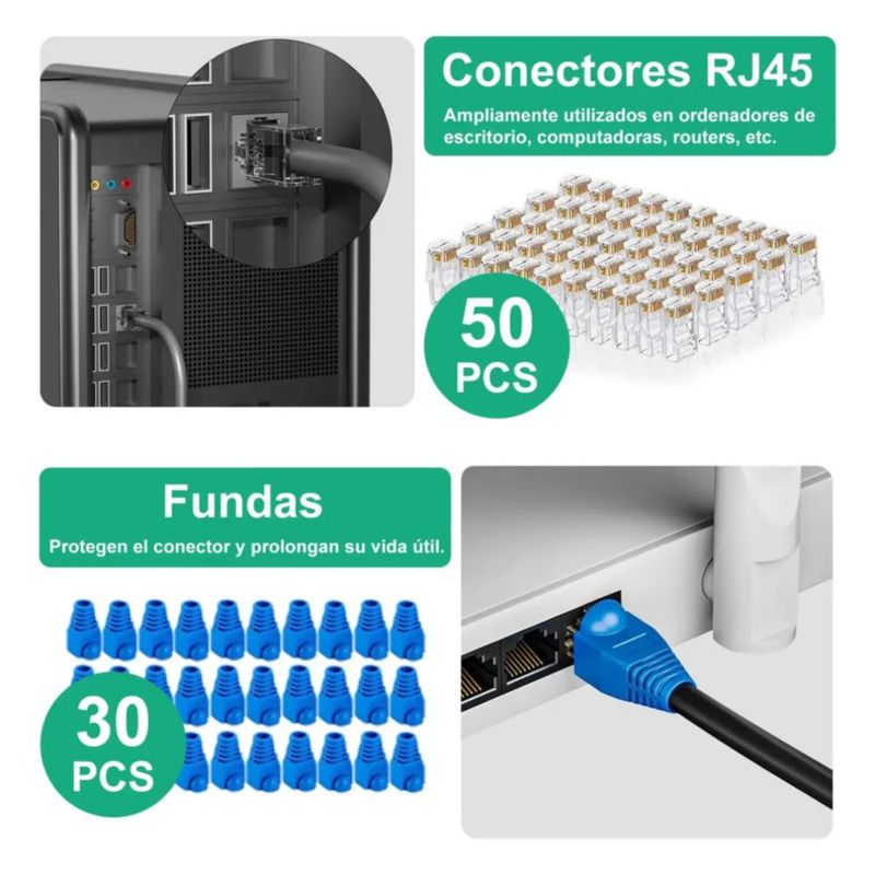 Pinzas Ponchadoras Rj45 Sacabocados Herramientas 75 Pcs Verde con Negro