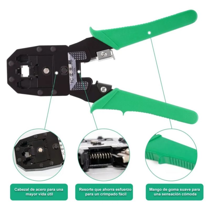Pinzas Ponchadoras Rj45 Sacabocados Herramientas 75 Pcs Verde con Negro
