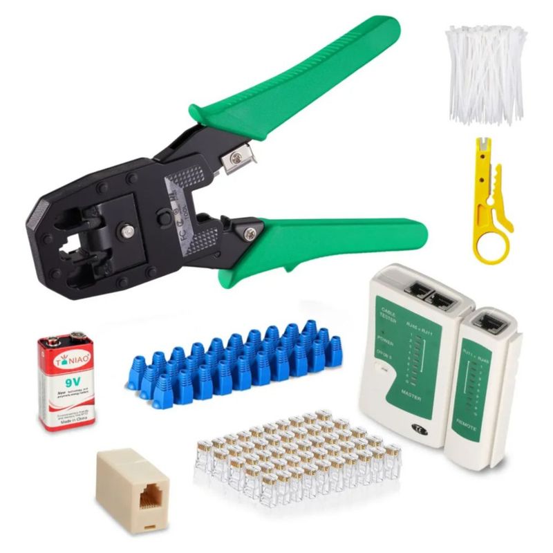 Pinzas Ponchadoras Rj45 Sacabocados Herramientas 75 Pcs Verde con Negro