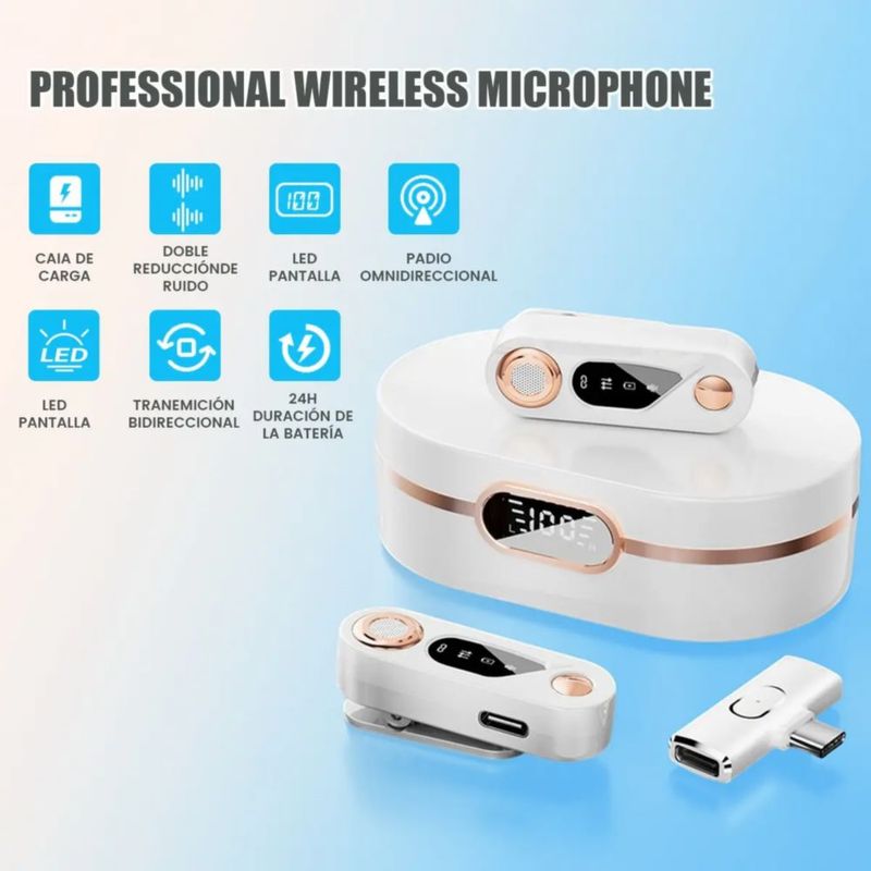 2 Micrófonos De Solapa Inalámbricos Para iPhone Y Android blanco dorado