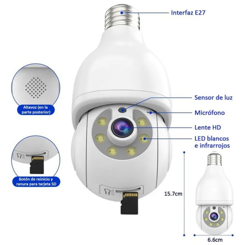 Cámara De Seguridad Foco Hd 1080p Wifi Exterior/interior360º blanco